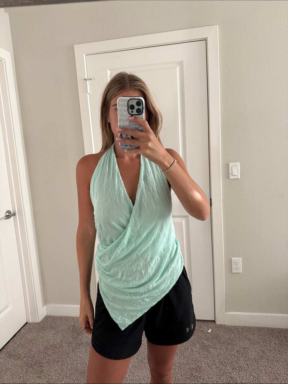 Pretty little thing, pale, lime double layer crinkle mesh halter neck, long top